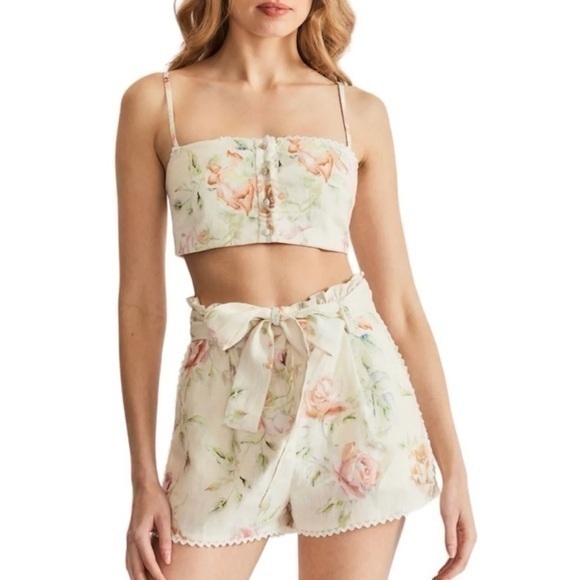 Caroline Constas Pants - Caroline Constas Floral Linen Crochet Belted Summer Shorts
